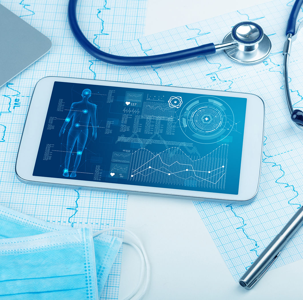 tablet and stethoscope, Red Hat | DXC Technology